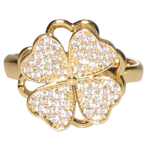 Bague en acier doré avec un trèfle à quatre feuilles rotatif serti de strass. Bague anti stress avec un objet rotatif pour soulager l'anxiété et le stress. Taille ajustable.