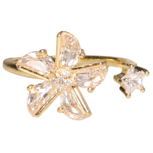 Bague en acier doré surmontée d'une fleur rotative sertie de strass et d'une étoile sertie d'un strass. Bague anti stress avec un objet rotatif pour soulager l'anxiété et le stress. Taille ajustable.
