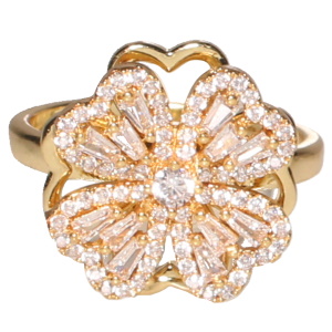 Bague en acier doré avec un trèfle à quatre feuilles rotatif serti de strass. Bague anti stress avec un objet rotatif pour soulager l'anxiété et le stress. Taille ajustable.