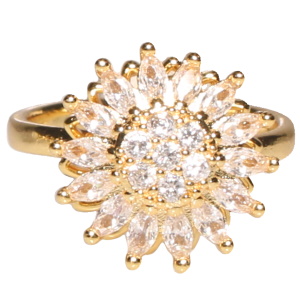 Bague en acier doré surmontée d'une fleur rotative sertie de strass. Bague anti stress avec un objet rotatif pour soulager l'anxiété et le stress. Taille ajustable.