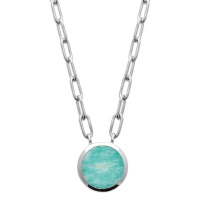 Collier composé d'une chaîne en argent 925/000 rhodié et d'un pendentif rond en véritable pierre d'amazonite sertie clos. Fermoir mousqueton avec anneaux de rappel à 40, 42 et 45 cm.