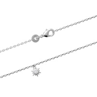 Bracelet chaîne de cheville composé d'une chaîne en argent 925/000 rhodié et d'un pendant soleil serti d'un oxyde de zirconium blanc. Fermoir mousqueton avec anneaux de rappel à 23 et 25 cm.