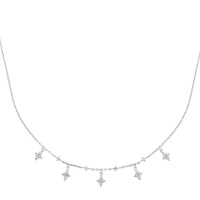 Collier en argent 925/000 rhodié avec étoiles et pampilles en forme d'étoiles pavées d'oxydes de zirconium blancs. Fermoir mousqueton avec anneaux de rappel à 40, 42 et 45 cm.
