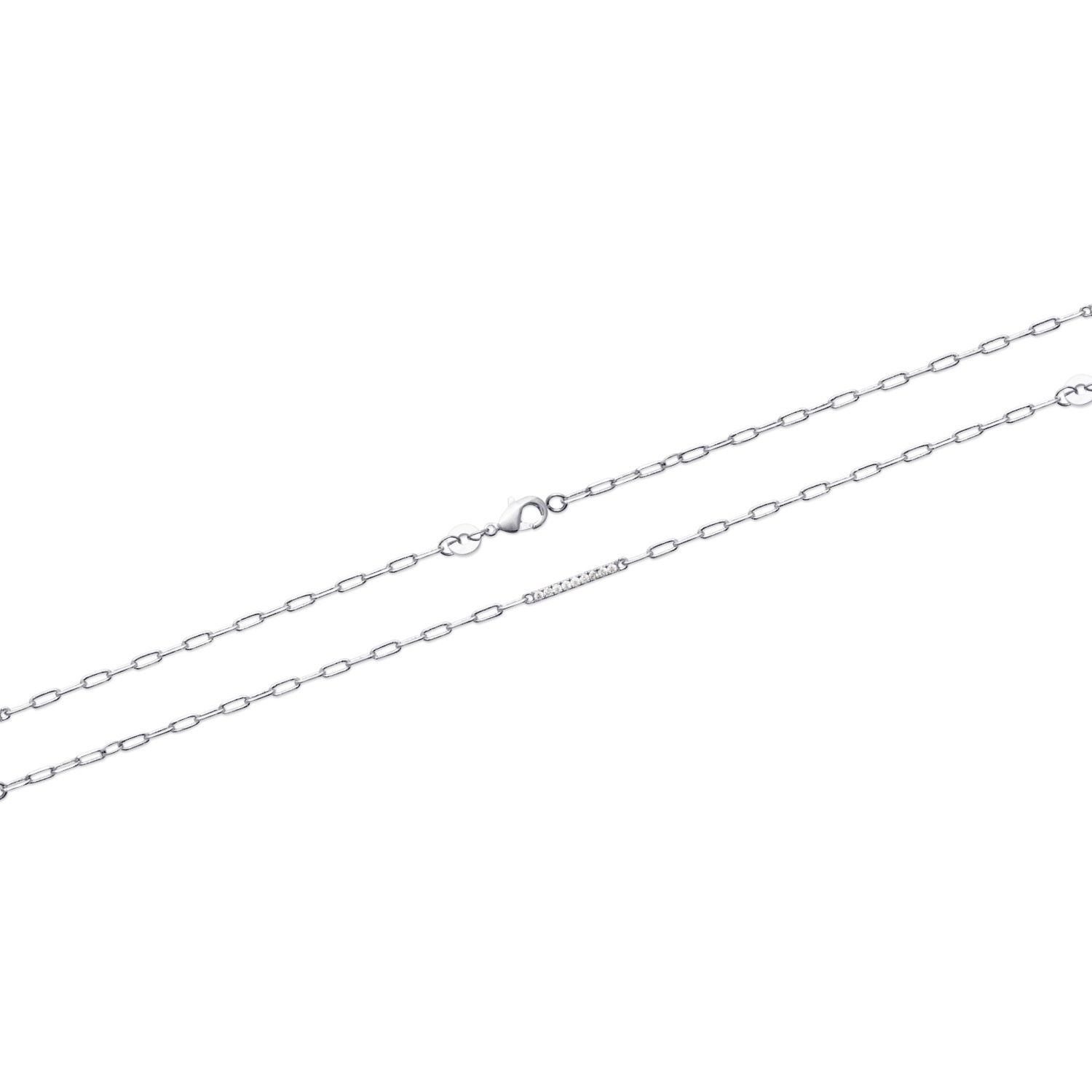 Bracelet composé d'une chaîne en argent 925/000 rhodié et d'une barre pavée d'oxydes de zirconium blancs.<br/>Fermoir mousqueton avec anneaux de rappel à 16 et 18 cm. Strass  Adolescent Adulte Femme Fille Indémodable 