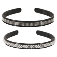 Serre-tête pour cheveux en plastique de couleur noir pavé de perles d'imitation et de strass. 2 modèles différents. Vendu à l'unité.