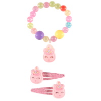 Parure pour enfants composée d'un bracelet élastique de perles multicolores, ainsi qu'une paire de clic clac avec une tête de licorne.
