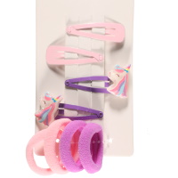 Set d'accessoires cheveux pour enfant composé de 2 paires de clic clac dont une avec tête de licorne et de 4 élastiques.