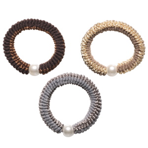 Lot de 3 élastiques pour cheveux en textile de couleur avec une perle d'imitation.