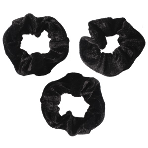 Lot de 3 chouchous élastiques pour cheveux en textile velours de couleur noire.