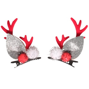 Lot de deux barrettes pinces en forme de bois de renne au motifs de Noël.