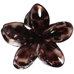Pince crabe pour cheveux en forme de fleur en plastique marron tacheté.
