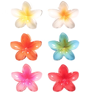 Pince crabe pour cheveux en forme de fleur en plastique de couleur. 6 coloris différents. Vendu à l'unité. Votre préférence en commentaire.