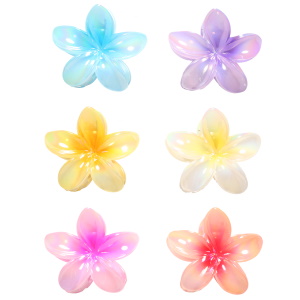 Pince pour cheveux en forme de fleur en plastique multicolore. 6 coloris différents. Vendu à l'unité. Votre préférence en commentaire.