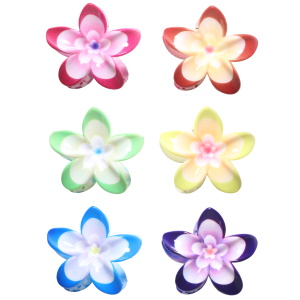 Pince pour cheveux en forme de fleur en plastique multicolore. 6 coloris différents. Vendu à l'unité. Votre préférence en commentaire.