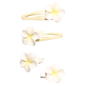 Lot de deux clic-clacs et de deux mini pinces en métal avec fleurs en plastique.