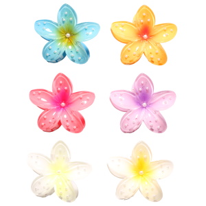 Pince crabe pour cheveux en forme de fleur en plastique de couleur surmontée de perles d'imitation. 6 coloris différents. Vendu à l'unité. votre préférence en commentaire.