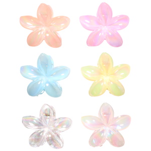 Pince crabe pour cheveux en forme de fleur en plastique de couleur. 6 coloris différents. Vendu à l'unité. votre préférence en commentaire.