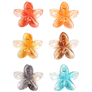 Pince crabe pour cheveux en forme de fleur en plastique de couleur transparent. 6 coloris différents. Vendu à l'unité. Votre préférence en commentaire.