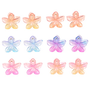 Lot de deux pinces crabes en forme de fleur en plastique de couleur transparente. 6 coloris différents. Vendu par lot de 2. Votre préférence en commentaire.