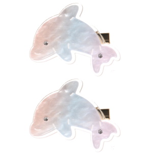 Lot de deux pinces plates en forme de dauphin multicolores sertis de strass.