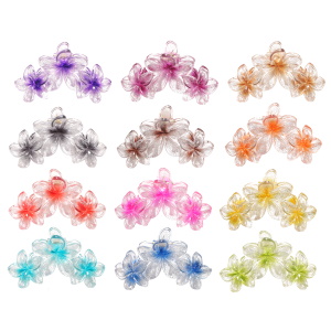 Pince crabe pour cheveux en forme de fleurs en plastique multicolore. 12 coloris différents. Vendu à l'unité. Votre préférence en commentaire.