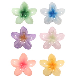 Pince crabe pour cheveux en forme de fleur en plastique multicolore. 6 coloris différents. Vendu à l'unité. Votre préférence en commentaire.