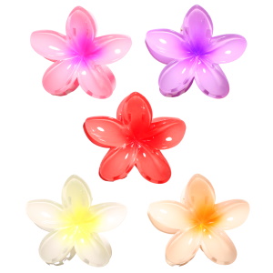 Pince crabe pour cheveux en forme de fleur en plastique multicolore. 5 coloris différents. Vendu à l'unité. Votre préférence en commentaire.