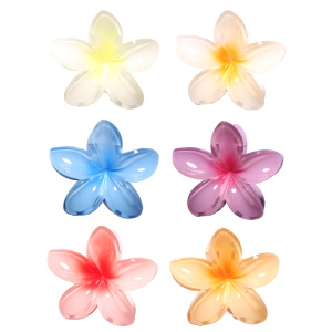 Pince crabe pour cheveux en forme de fleur en plastique multicolore. 6 coloris différents. Vendu à l'unité. Votre préférence en commentaire.