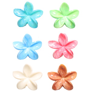 Pince crabe pour cheveux en forme de fleur en plastique multicolore. 6 coloris différents. Vendu à l'unité. Votre préférence en commentaire.