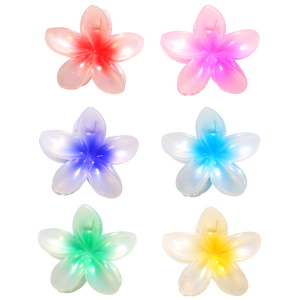 Pince crabe pour cheveux en forme de fleur en plastique multicolore. 6 coloris différents. Vendu à l'unité. Votre préférence en commentaire.