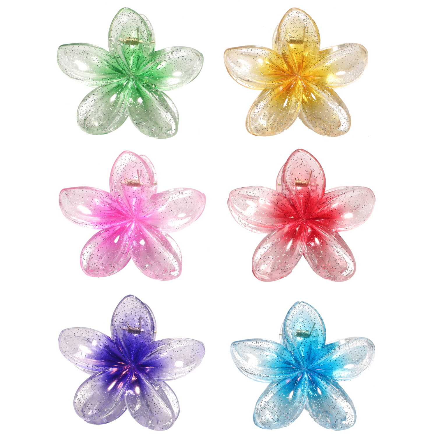 Pince crabe pour cheveux en forme de fleur en plastique multicolore. 6 coloris différents. Vendu à l'unité. Votre préférence en commentaire.