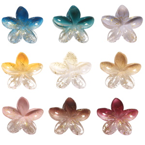 Pince crabe pour cheveux en forme de fleur en plastique de couleur et motifs dorés. 9 coloris différents. Vendu à l'unité. Votre préférence en commentaire.