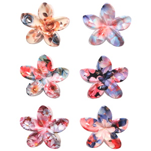 Pince crabe pour cheveux en forme de fleur avec des motifs de fleurs. 6 coloris différents. Vendu à l'unité. Votre préférence en commentaire.