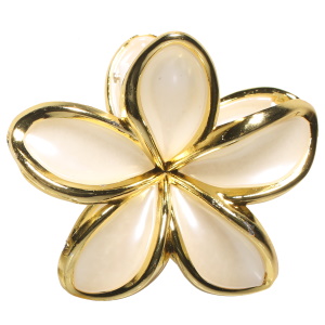 Pince crabe pour cheveux en forme de fleur de couleur dorée et blanche nacrée.
