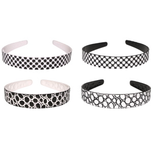 Serre-tête pour cheveux en plastique avec motifs. 4 coloris différents. Vendu à l'unité. Votre préférence en commentaire.