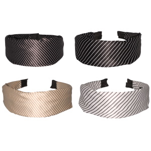 Serre-tête pour cheveux recouverts de textile satiné avec motifs. 4 coloris différents. Vendu à l'unité. Votre préférence en commentaire.