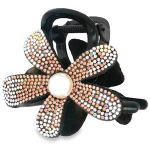 Élégant accessoire de coiffure, une pince crabe noire ornée d'une fleur en suédine noire. Des strass scintillants encadrent chaque pétale, illuminant un cœur de perle nacrée. Un bijou de cheveux raffiné, parfait pour ajouter une touche de glamour discret à votre coiffure.