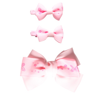 Lot de 3 pinces pour cheveux pour enfants avec nœud papillon en textile de couleur rose.