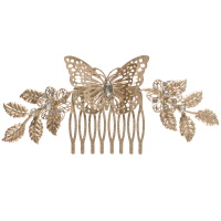 Peigne cheveux représentant un papillon et branches avec fleurs en métal doré et strass.