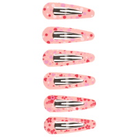 Lot de 6 clic-clacs avec motifs de fleurs, points et cœurs en plastique de couleur rose.