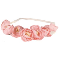 Bandeau avec cordon en suédine et textile élastique surmonté de fleurs et feuilles en textile et plastique.