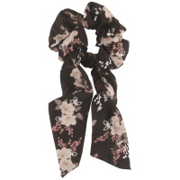 Chouchou élastique pour cheveux en forme de foulard noué en textile satiné de couleur avec motif de fleurs.