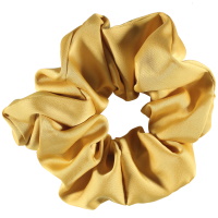Chouchou élastique pour cheveux en textile satiné de couleur jaune doré.
