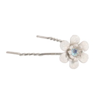 Invisible cheveux en métal argenté surmonté d'une fleur en métal pailleté et d'un strass.
