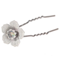 Invisible cheveux en métal argenté et fleur avec strass et émail.
