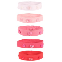 Bandeau élastique pour cheveux pour enfant en textile de couleur avec deux fleurs et un cœur dessiné d'un papillon pailleté. 5 coloris différents. Vendu à l'unité.