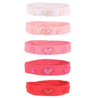 Bandeau élastique pour cheveux pour enfant en textile de couleur avec deux fleurs et un cœur tacheté et pailleté. 5 coloris différents. Vendu à l'unité.