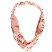 Bandeau élastique pour cheveux en textile de couleur rose avec motifs de fleurs.