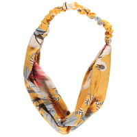 Bandeau élastique pour cheveux en textile de couleur jaune avec motifs de fleurs.