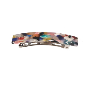 Barrette pour cheveux en métal argenté et en matière synthétique multicolore tachetée.